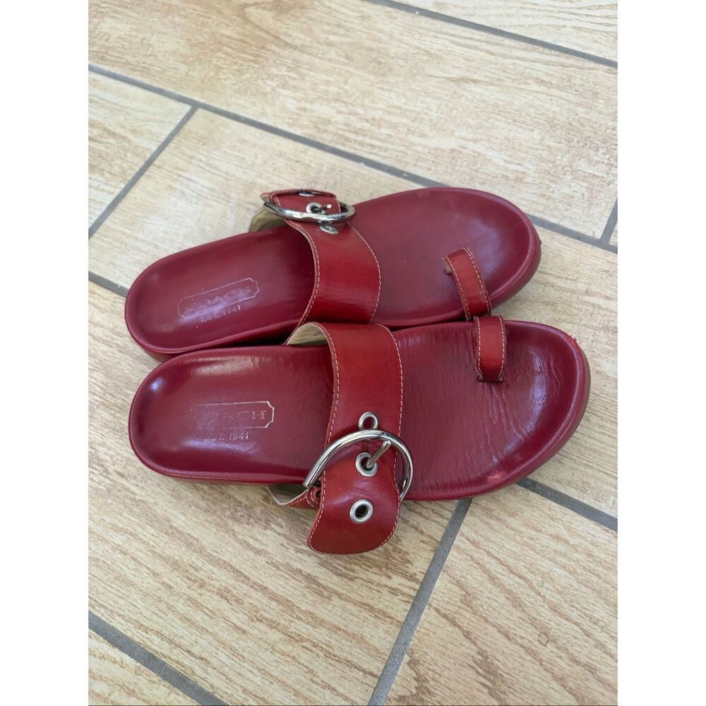 Coach Skylar Slide Sandals Red Leather Toe Ring Silver Buckle Italy Size 6